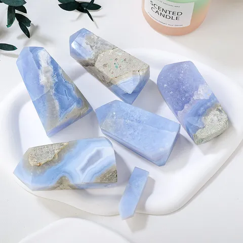 Natural Blue Lace Agate Obelisk Tower Crystal Point Polished Stone Healing Crystal Home Office Decor Ornaments