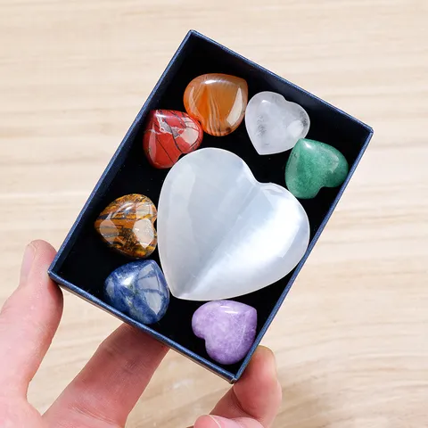 Natural Crystal Heart Stones Selenite Heart Collection Multi Color Polished Gemstones Home Decor Ornaments Gift Boxed