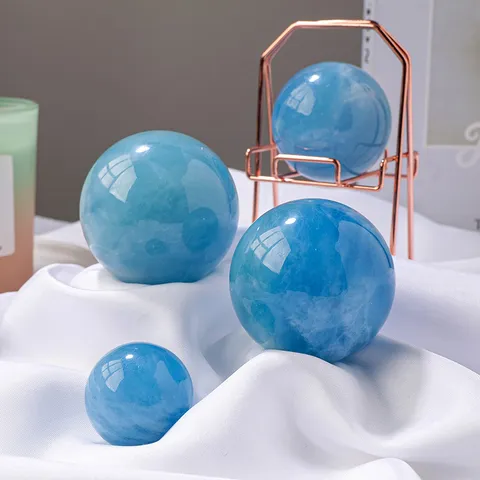 Esfera de Cristal de Aguamarina Natural Pulido Esfera de Cristal Azul Feng Shui Hogar Oficina Mesa Decoración Ornamentos Con Soporte