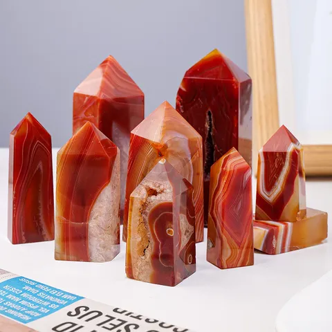 Natural Red Agate Crystal Pillar Four Sided Single Point Energy Stone Obelisk Home Office Decor Craft Ornament