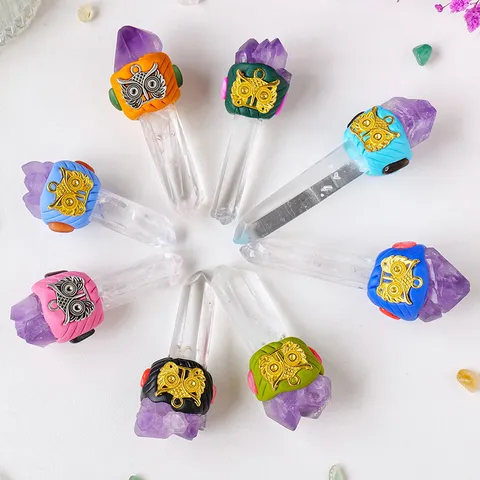 Natural Clear Quartz Amethyst Owl Scepter Crystal Wand Home Decor Handmade Gemstone Ornament Christmas Valentine Gift Table Centerpiece