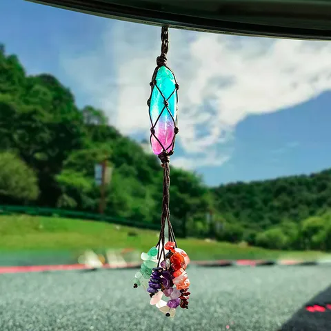 Natuurlijk Kristal Zeshoekige Kolom Gevlochten Auto Hanger Chakra Getrommelde Stenen Kwastje Ornament Boho Healing Steen Auto Decoratie