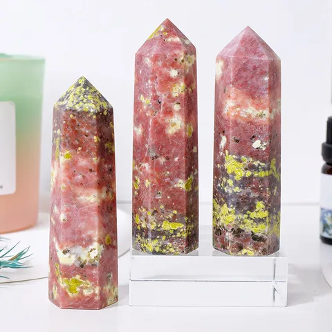 Natural Crystal Rhodonite Hexagonal Wand Point Spiritual Healing Crystal Prism Pillar Table Top Desk Display Specimen Home Decor Ornament