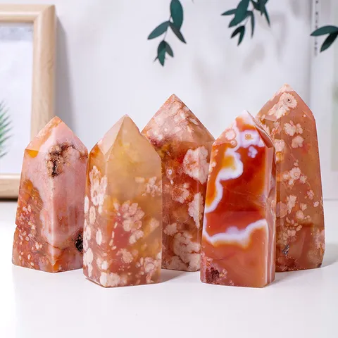 Natural Red Sakura Agate Crystal Pillar Pointed Tower Healing Stone Home Office Decor Spiritual Energy Ornament Gift