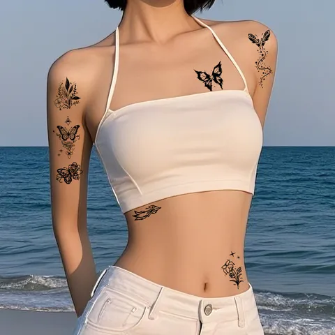 Autocollants de Tatouage Temporaire Imperméables Noir Papillon Floral Art Ligne Faux Tatouage Pour Femmes Bras Poitrine Décalcomanies