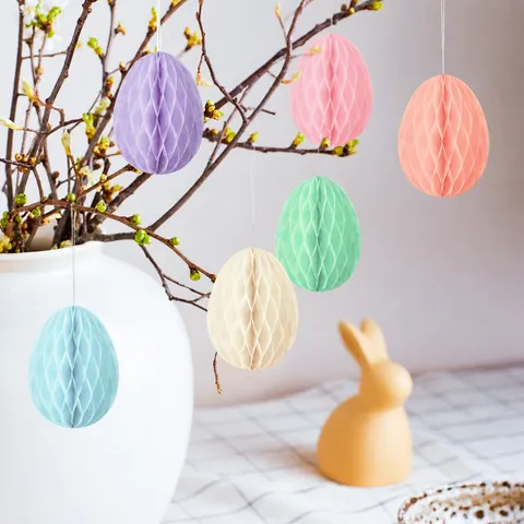 Décorations à Suspendre Boule en Nid d'Abeille Œuf de Pâques Pompons en Papier Ornements de Fête Décoration