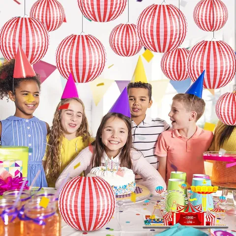 Red And White Striped Paper Lanterns Hanging Round Folding Lantern Decor For Circus Theme Kids Birthday Party Carnival Celebration