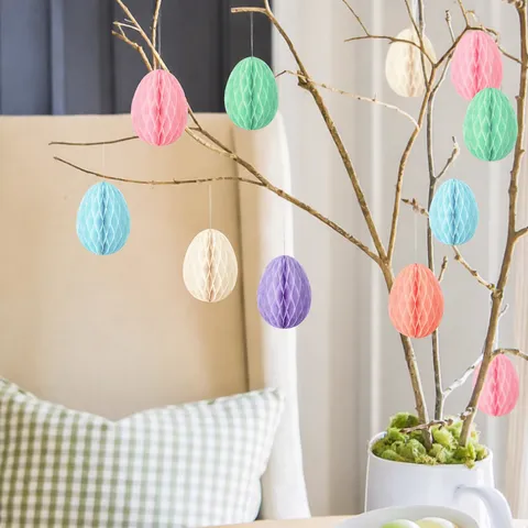 Décorations à Suspendre Boule en Nid d'Abeille Œuf de Pâques Pompons en Papier Ornements de Fête Décoration