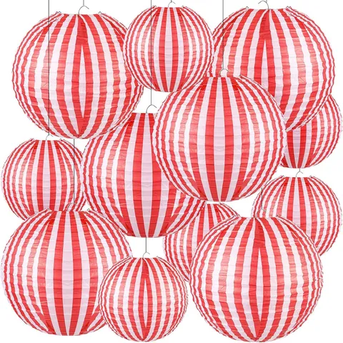 Red And White Striped Paper Lanterns Hanging Round Folding Lantern Decor For Circus Theme Kids Birthday Party Carnival Celebration