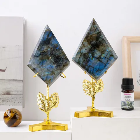 Natural Labradorite Rhombus Geometric Crystal Ornament Blue Moonstone Polished Gemstone Decor With Gold Leaf Metal Stand