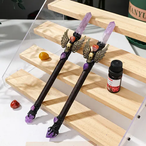 Scettro Magico in Pilastro di Cristallo Naturale Esagonale Gotico Vintage Legno Lega Scettro Halloween Bastone da Fata Festa Cosplay Ornamento Casa