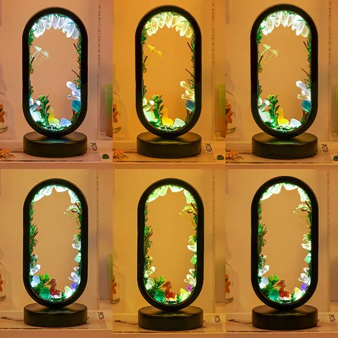 Natürlicher Kristallstein Oval Alpaka Wald Atmosphärenlampe USB 3-Farben LED Nachtlicht Handgefertigtes Dekoratives Schreibtisch Ornament Weihnachtsgeschenk