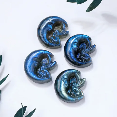 Sculpture de Fée de la Lune en Labradorite à Éclat Bleu Naturel Statue en Cristal Naturel Ornement Maison Bureau Cadeau Mystique