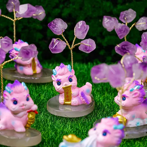 Arbre de Fortune en Cristal d'Améthyste Fait à la Main Ornement Base en Tranche d'Agate Naturelle Bébé Dragon en Résine pour Maison