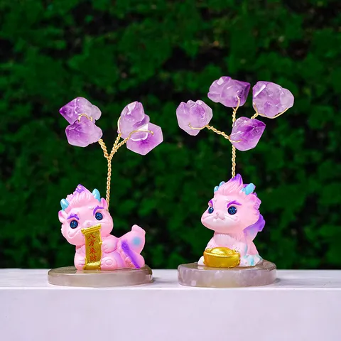 Arbre de Fortune en Cristal d'Améthyste Fait à la Main Ornement Base en Tranche d'Agate Naturelle Bébé Dragon en Résine pour Maison