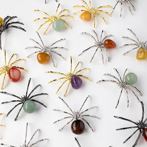 Natürliche Kristall Stein Spinne Tier Ornament Metall Draht Handgefertigte Spinne Figur Für Halloween Party Tischdeko Handwerk Geschenk