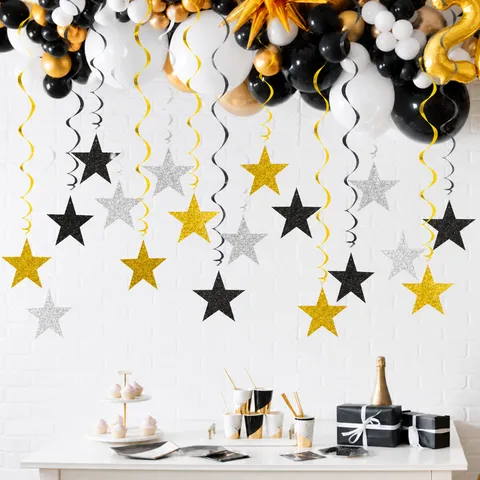 Graduation Party Hanging Swirl Decorations Pentagram Star Ceiling Decor PVC Paper Gold Silver Black Party Supplies