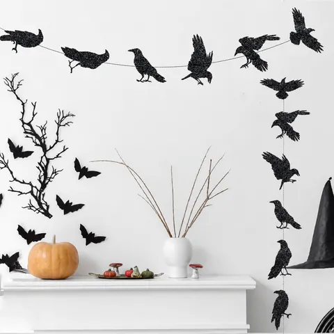 Ghirlanda di Carta Corvo di Halloween Stendardo Appendibile Decorazione Stanza della Festa Decorazione Bunting Corvo Glitter Nero
