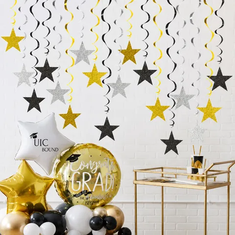 Graduation Party Hanging Swirl Decorations Pentagram Star Ceiling Decor PVC Paper Gold Silver Black Party Supplies