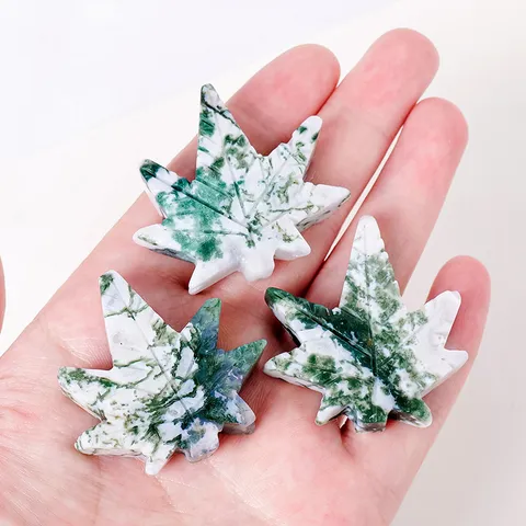 Natural Moss Agate Maple Leaf Carving Crystal Raw Stone Polished Ornament For Home Office Desktop Decor Healing Crystal Stone
