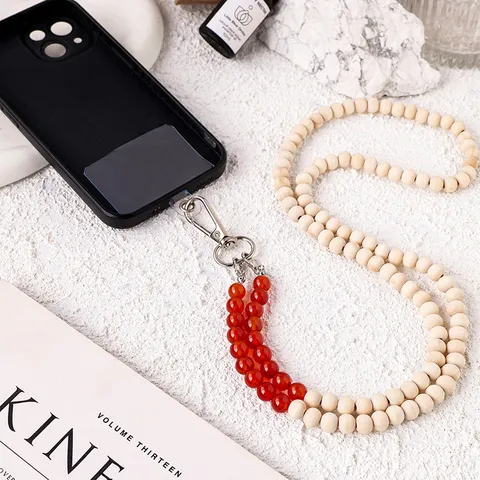 Natural Crystal Round Bead Phone Lanyard Handmade Wood Bead Crossbody Mobile Phone Strap Keychain For Women Phone Accessories