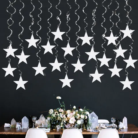Decoraciones Colgantes en Espiral de Estrella Plateada Metálico PVC Papel Guirnaldas Espirales de Techo Para Fiesta de Cumpleaños Boda