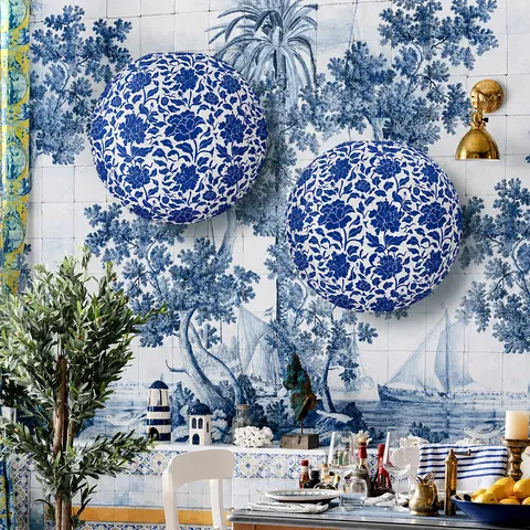 Chinese Style Blue and White Porcelain Paper Lantern Hanging Decoration For Wedding Birthday Party Classroom Corridor Decor