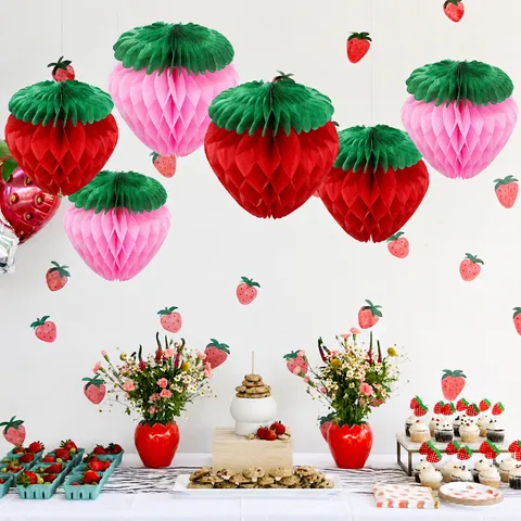 Strawberry Paper Honeycomb Ball Hanging Ornament Fruit Theme Kids Birthday Party Decoration