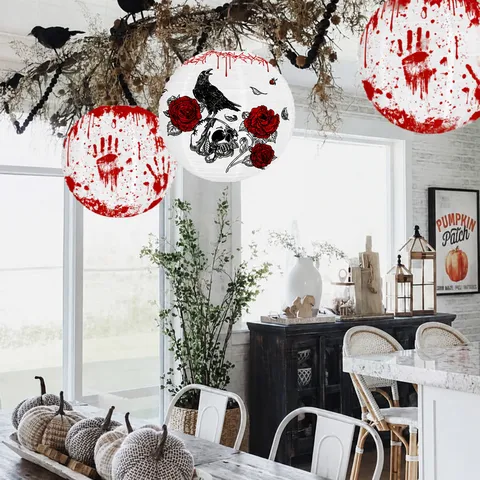 Halloween Paper Lantern Hanging Decoration Skeleton Crow Red Handprint Spooky Scary Party Decor Paper Craft