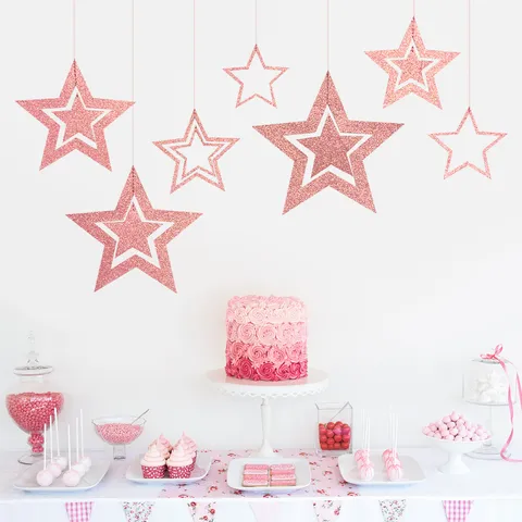 Hollow Star Hanging Decorations Glitter Paper Star Garland Ornaments For Party Christmas New Year Indoor Home Decor