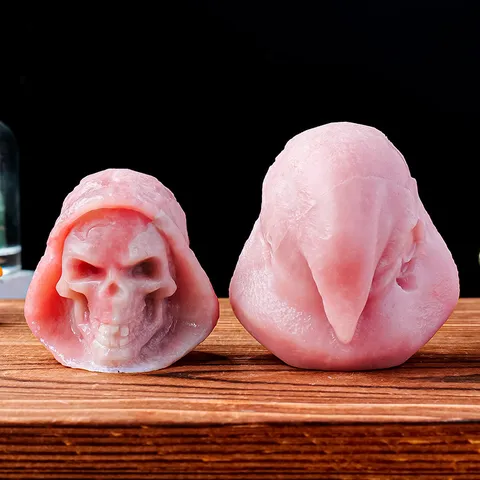 Natural Pink Opal Grim Reaper Skull Statue Hand Carved Crystal Stone Gothic Figurine For Halloween Home Decor Ornament Gift