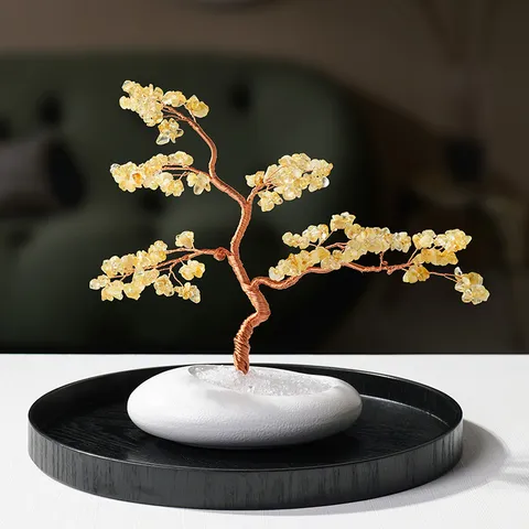 Natural Crystal Money Tree Handmade Copper Wire Welcome Pine Bonsai With Ceramic Pot Home Porch Living Room Desktop Decoration Crystal Healing Ornament