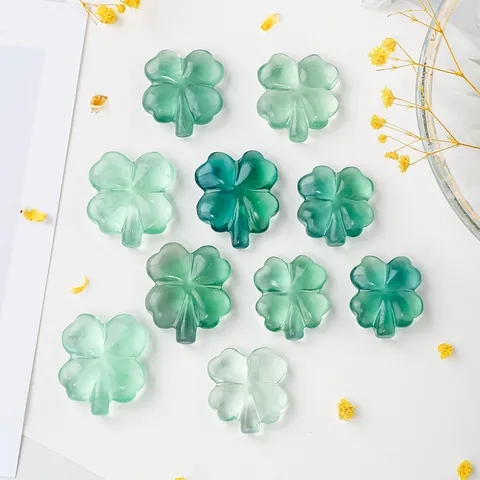 Natural Green Fluorite Crystal Clover Carved Ornament Hand Polished Quartz Stone Carving Craft Office Home Table Desk Decor
