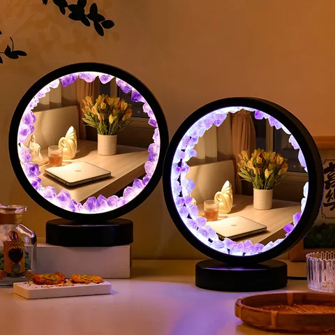 Modern Minimalist LED Crystal Raw Stone Circular Makeup Mirror Night Light USB Powered Desktop Decorative Lamp For Bedroom