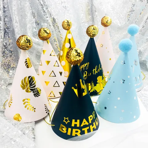 Kids Birthday Party Cone Hat With Pom Pom Sequins Gold Foil Printed Design Baby 1st Birthday Celebration Hat Festival Decor