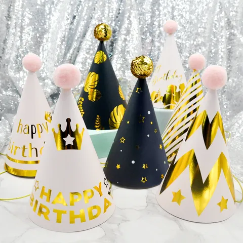 Kids Birthday Party Cone Hat With Pom Pom Sequins Gold Foil Printed Design Baby 1st Birthday Celebration Hat Festival Decor