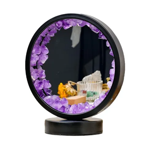 Modern Minimalist LED Crystal Raw Stone Circular Makeup Mirror Night Light USB Powered Desktop Decorative Lamp For Bedroom