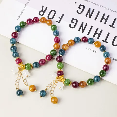 Natural Crystal Colorful Tourmaline Bead Bracelet For Women Elegant Lily Of The Valley Pendant Gold Plated Hand Jewelry