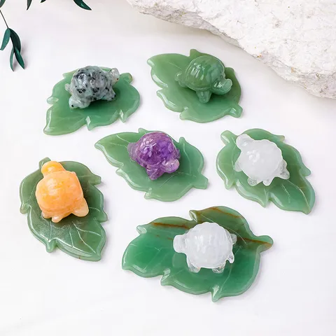Natural Crystal Turtle And Aventurine Leaf Carving Rough Stone Polished Healing Stone Office Desktop Ornament Animal Figurine Decor