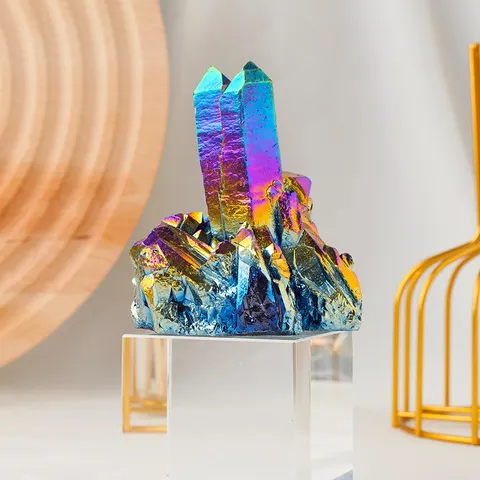 Natural Clear Quartz Electroplated Rainbow Crystal Cluster Aura Titanium Specimen Mineral Rock Stone Geode Desk Home Office Decorative Craft Ornament