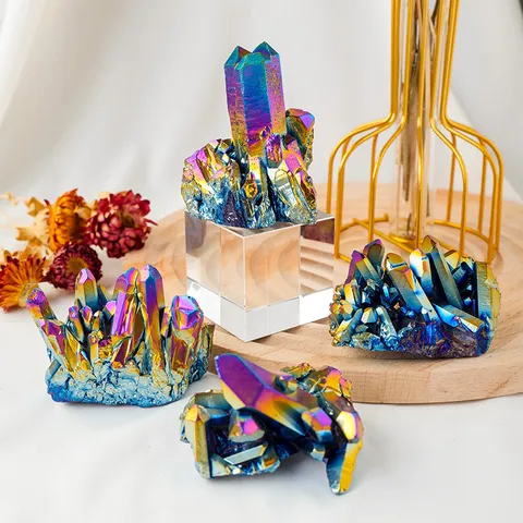 Natural Clear Quartz Electroplated Rainbow Crystal Cluster Aura Titanium Specimen Mineral Rock Stone Geode Desk Home Office Decorative Craft Ornament