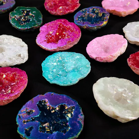 Natural Crystal Agate Geode Ornament Multicolor Electroplated Morocco Agate Raw Stone Treasure Basin Desk Home Office Decor