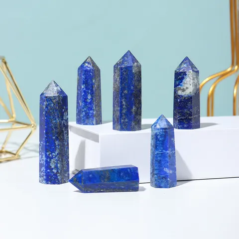 Natural Lapis Lazuli Crystal Pillar Hexagonal Obelisk Point Single Point Wand Polished Healing Stone Home Decor Ornament