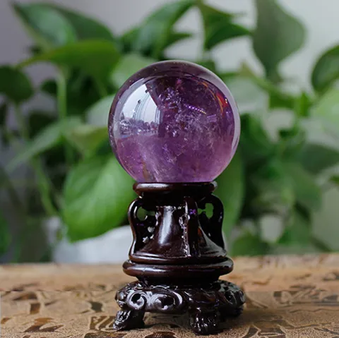 Natural Brazilian Purple Amethyst Crystal Ball Ornament With Wooden Base Hand Polished Healing Quartz Mineral Sphere Feng Shui Home Office Desk Decoration Ornament