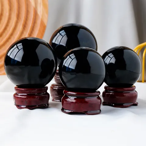 Natural Black Obsidian Sphere Crystal Ball Feng Shui Ornament For Home Office Decor Polished Stone Sphere With Wood Stand