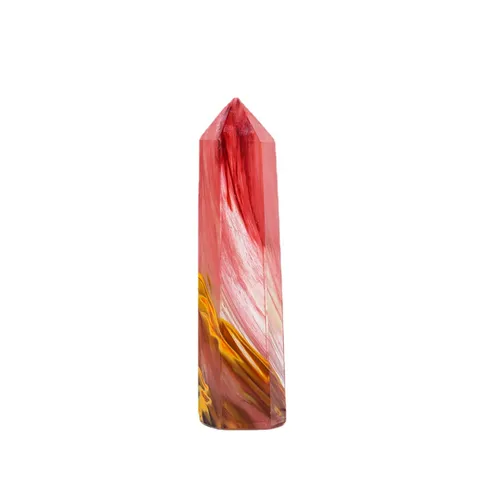 Modern Geometric Smelted Stone Crystal Pillar For Home Decor Polished Hexagonal Point Obelisk Red Yellow Tiger Pattern Tabletop Ornament
