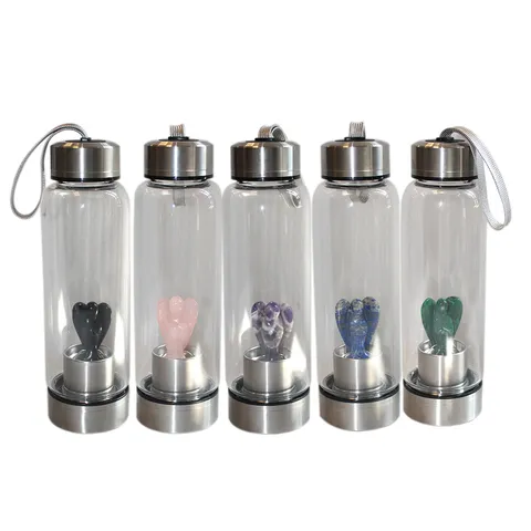 Natürliche Kristall Energie Glas Wasserflasche Edelstahl Basis Kreative Engel Schnitzerei Getränk Trinkflasche Becher Haus Geschenk