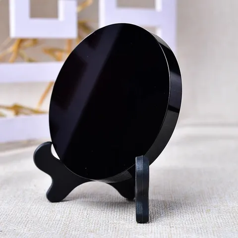 Black Obsidian Round Plate Mirror Feng Shui Ornament Polished Scrying Mirror With Tripod Stand For Home Living Room Decor