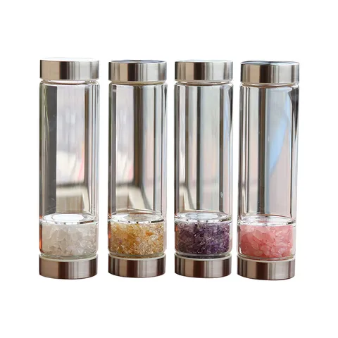 Natürliche Kristall Energie Glaswasserflasche Heilung Schotter Rosenquarz Amethyst Edelstahl Infusor Glasflasche Reinigung Edelsteinflasche