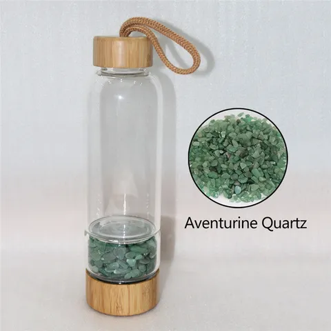 Natürliche Kristallstein Energie Glaswasserflasche Moderne Minimalistische Borosilikatglas Trinkbecher Mit Bambusdeckel Basis Und Infuser